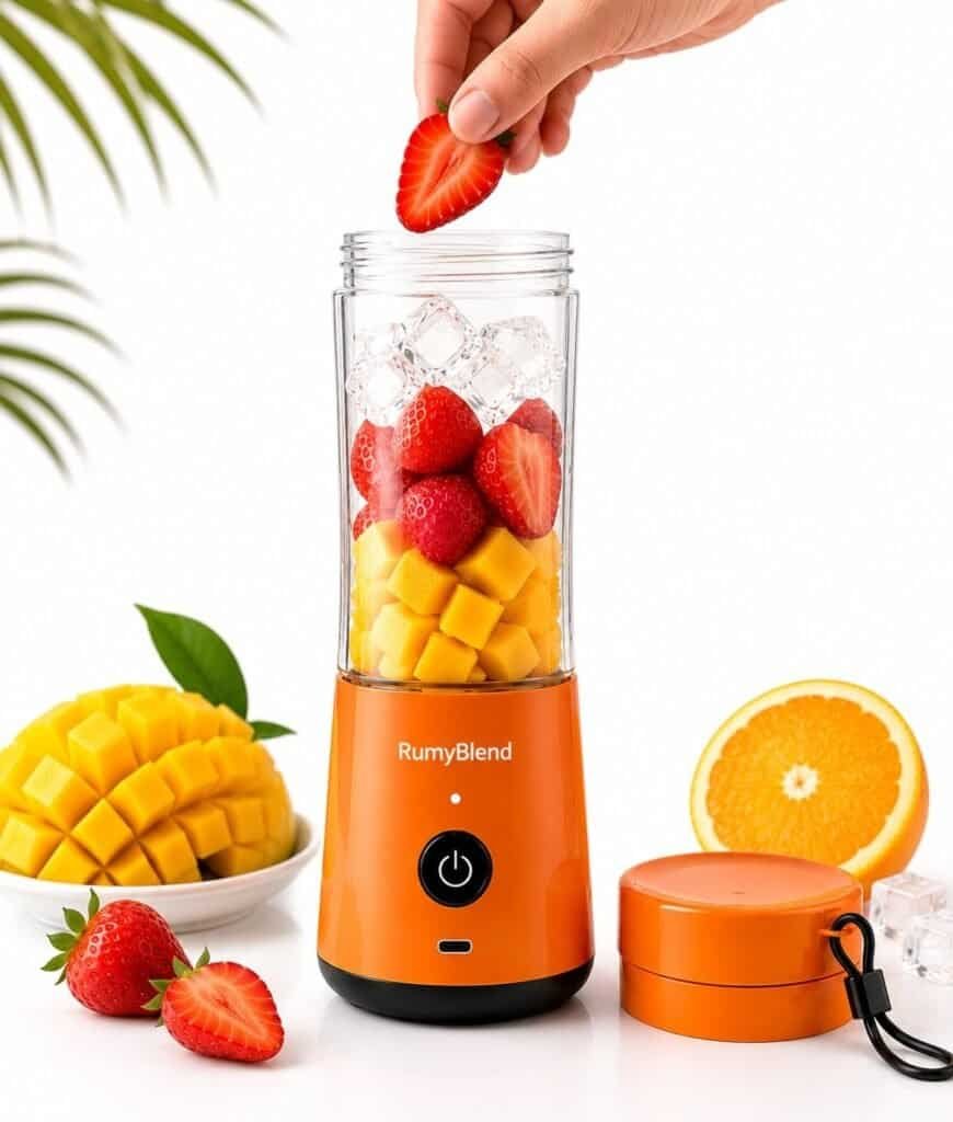 RumyBlend portable blender with fresh fruits being added