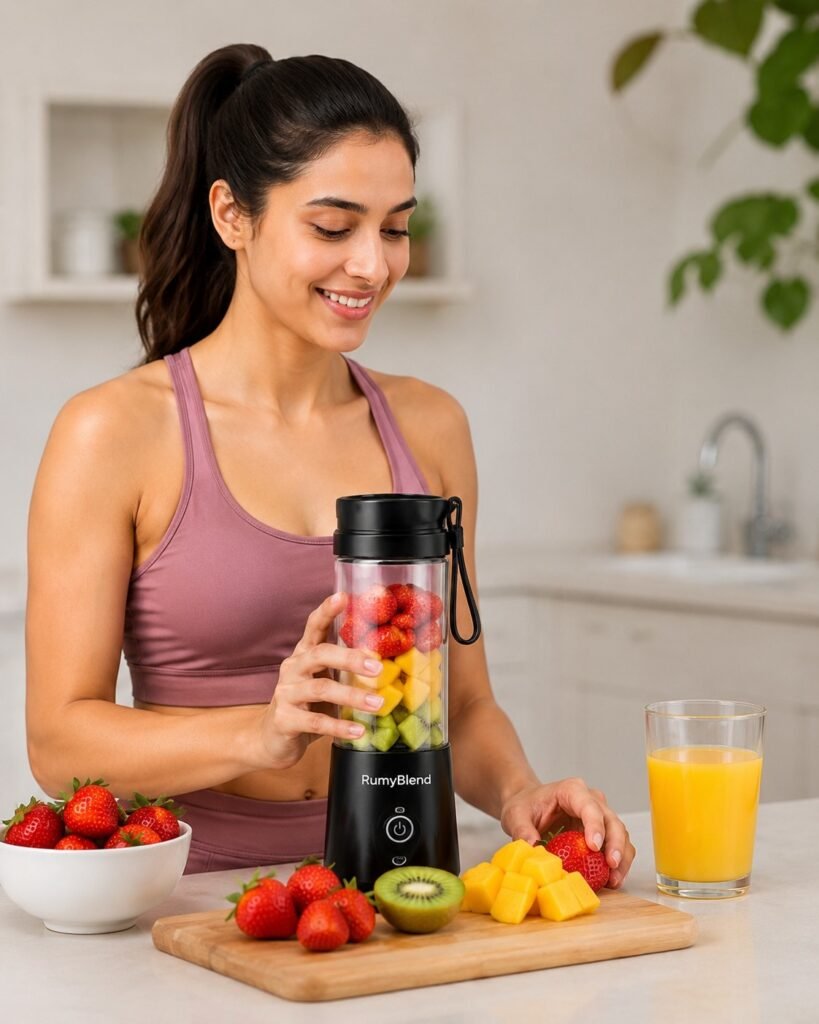 Woman using RumyBlend portable blender in kitchen for fresh smoothies
