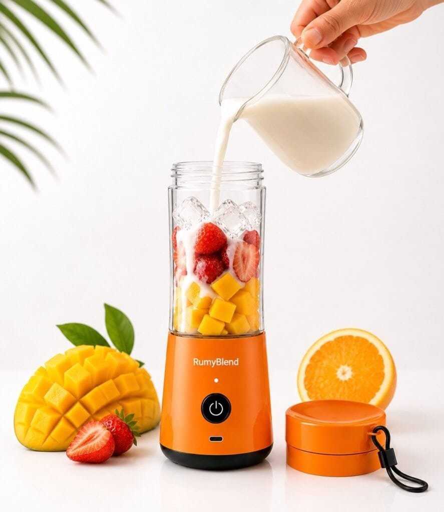 RumyBlend portable blender with milk being poured into fresh fruits