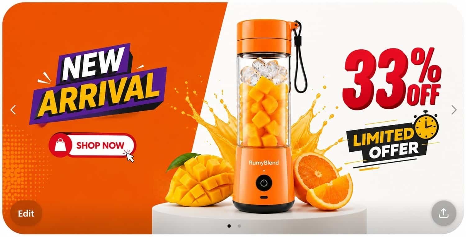 Portable RumyBlend blender with 33% off limited offer banner