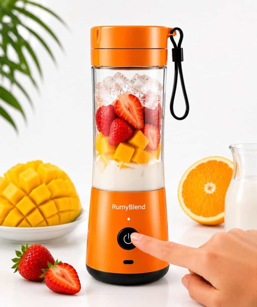 RumyBlend portable blender with fruits and milk ready for blending