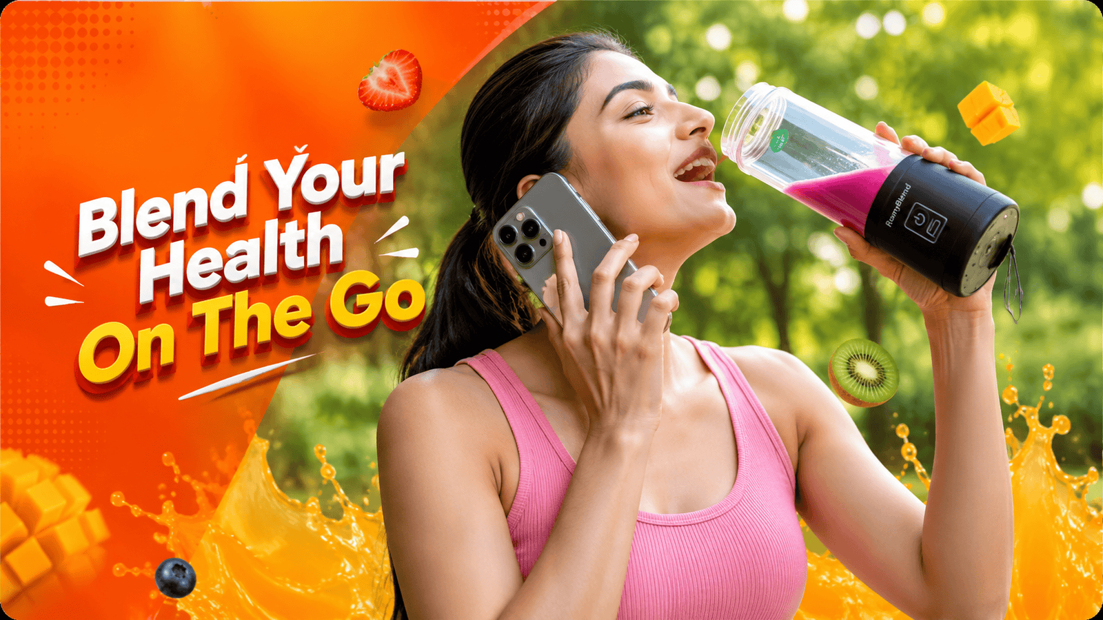 Woman drinking RumyBlend health drink outdoors, promoting wellness and energy.